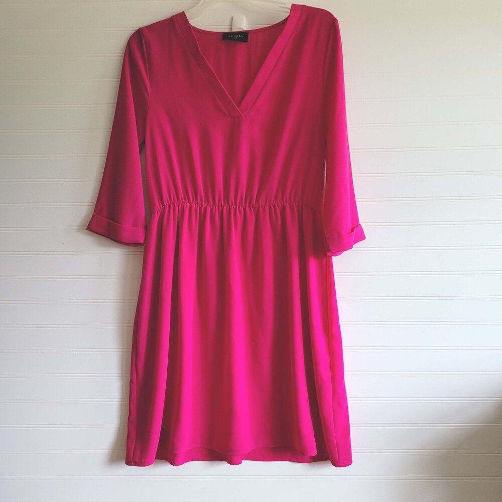 Everly Dress Womens Small Pink 3/4 Sleeve V Neck Elastic Waist Partly Lined
